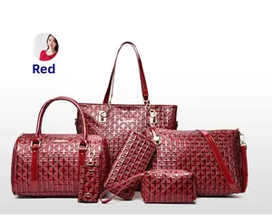 Detailed view of 6-piece red handbag set featuring geometric star patterns and glossy finish
