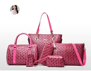 Pink six-piece bag set with geometric embossed texture and synthetic leather finish