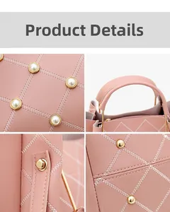 Détail d'un sac seau rose matelassé avec surpiqûres ondulées blanches et perles