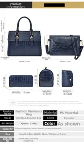 Detailed size chart for the 5-piece navy embossed faux leather women's handbag set