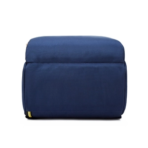 Navy canvas backpack with durable stitching and yellow zipper detail on white background