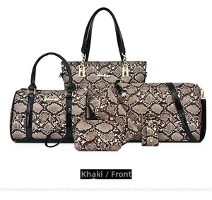 Detailed view of khaki snakeskin pattern on 6-piece women handbag set with gold hardware