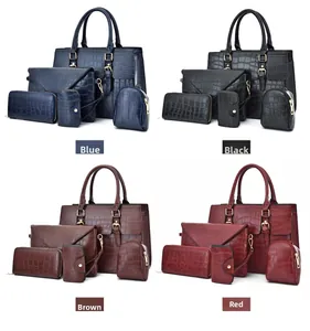 Detailed grid view of five-piece handbag sets in blue, black, brown, and red crocodile pattern