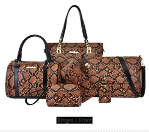 Brown snakeskin pattern 6-piece women handbag set including tote and crossbody bags