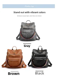 Tre zaini multitasche in grigio, marrone e nero con spallacci in tessuto colorato