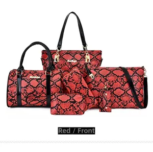 Detail of red snake pattern 6-piece handbag set including tote and crossbody bags