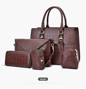 Brown crocodile pattern 5-piece handbag set with tote, crossbody bag, and wallet