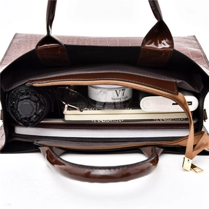 Brown crocodile pattern tote bag with spacious interior for umbrella and essentials
