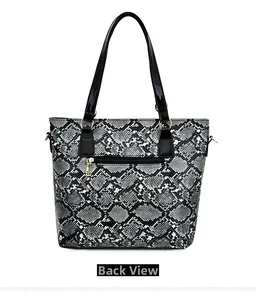 Detailed back view of snakeskin pattern tote bag with hidden zipper pocket and long handles