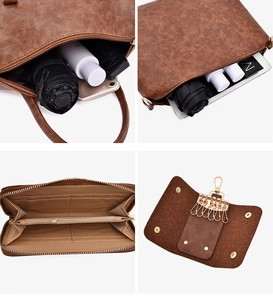 Detail view of brown leather bag set showing interior compartments and wallet card slots