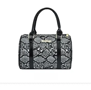 Front view of stylish snake print boston handbag with black handles and gold logo detail