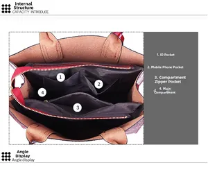 Macro view of the multi-compartment interior and brown fabric lining of this red handbag