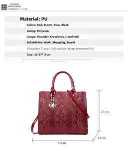 Detailed chart of red snake pattern handbag showing 32x27x11cm size and PU leather texture