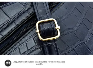 Detail of blue crocodile pattern leather with adjustable gold metal buckle and zipper