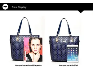 Navy blue tote bag size comparison with A4 magazine and iPad showing large capacity