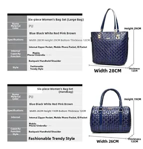 Blue glossy PU leather tote bag set details with geometric embossed texture and dimensions