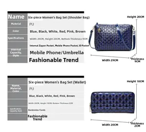 Size chart for 6-piece navy blue PU leather handbag set with geometric embossing