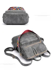 Dettaglio zaino in pelle grigia con spalline intrecciate colorate e tasche con cerniera