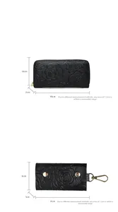 Litchi pattern embossed black long wallet and key case with detailed dimensions labels