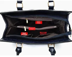 Internal view of navy blue crocodile pattern bag with multi-layer storage compartments