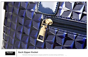 Detail of navy blue geometric pattern handbag showing the functional back zipper pocket