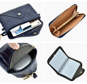 Detail view of navy blue crocodile embossed leather set including shoulder bag and wallet