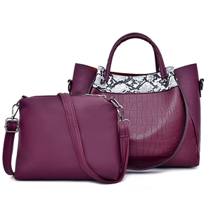 Dark purple faux leather tote set with crocodile pattern and snakeskin trim