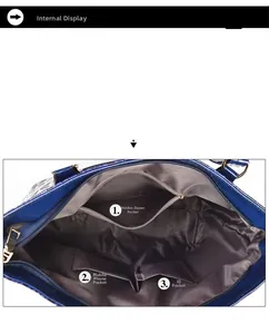 Interior view of blue women's tote showing spacious main compartment and functional pockets