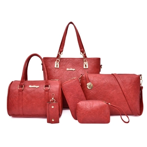 Deep red six-piece synthetic leather handbag set with tote and golden hardware details