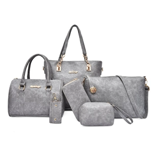 Elegant 6-piece grey handbag set with tote, boston bag, and clutch in textured leather
