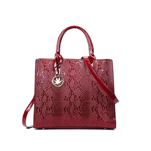 Women Handbag PU Leather Snake Embossed Patent Top Handle Tote Shoulder Bag Metallic Leaf Decor Fashion Chic