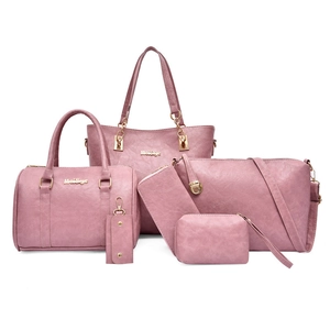 Elegant 6-piece rose pink faux leather tote and shoulder handbag set with gold hardware
