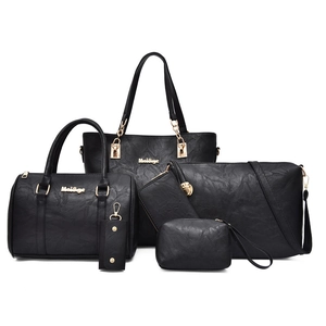 Black 6-piece handbag set featuring tote, crossbody and purse in litchi textured leather