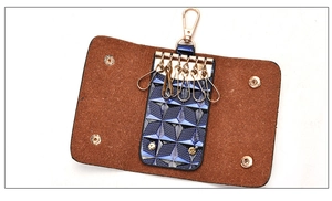 Detailed interior of a navy geometric embossed key pouch with six gold hooks