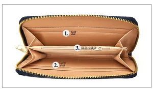 Interior view of navy blue long wallet featuring multiple card slots and zipper pocket