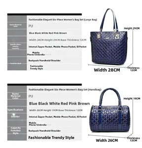 Size chart detail for 6-piece women's tote set with geometric embossed PU leather texture