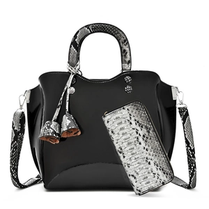 Glossy black handbag and snakeskin pattern wallet set with stylish tassel charm