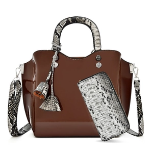 Chocolate brown tote bag and wallet set with snakeskin pattern details and glossy finish