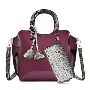 Purple patent leather handbag set with snakeskin texture strap and matching wallet