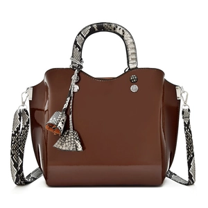 Brown patent leather tote bag with snakeskin print handles and silver hardware detail