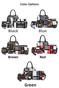 Detail showing 4-piece handbag set in five color block patterns with geometric designs