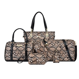 Classic 6-piece brown snakeskin embossed handbag set with gold hardware and black trim