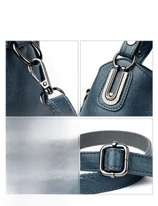 Detail of high-quality gunmetal hardware and navy litchi grain leather texture
