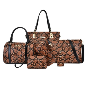 Brown snakeskin pattern 6-piece women handbag set including tote and crossbody bags