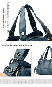 Detail of blue pebble grain leather handbag with detachable snap button handle strap