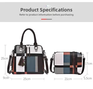 Detailed size comparison of multi-piece tote and crossbody bag set with dimensions