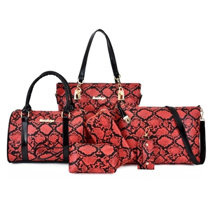 Red and black snakeskin pattern 6-piece handbag set with tote and crossbody bags