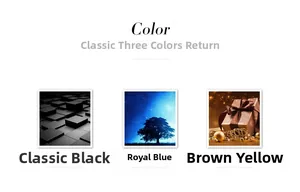 Close-up of color options in elegant black, royal blue, and brownish yellow for handbag