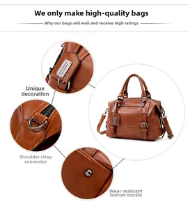 Detail of vintage brown textured faux leather handbag with metal buckle and logo plate