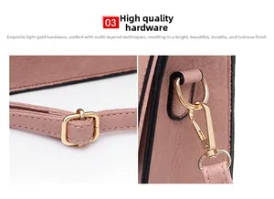 Detail showing the light gold square buckle and metal swivel hook on a pink leather bag